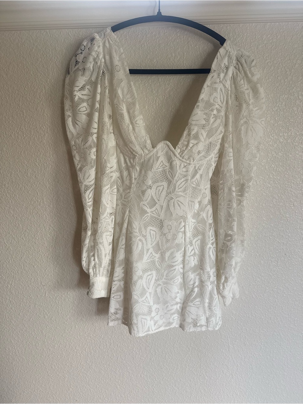 For Love And Lemons White Floral Lace Mini Dress with Puff Sleeves
